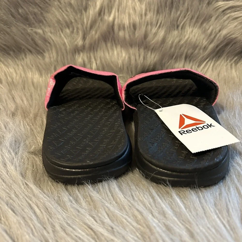 Reebok Slides Girls Size 4 Pink Black Sparkly Glitter Slip On‎ Sandals Shoes NWT